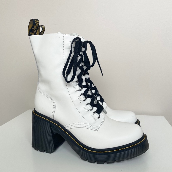 Dr. Martens Women’s White Leather Chesney 8-Eye Flared Heel Platform Combat Boot - Picture 1 of 5